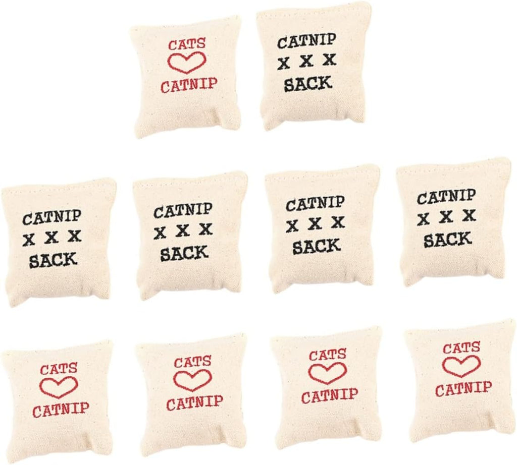 Vintage styled catnip sack toys with triple X markings made from durable textured khaki canvas fabric