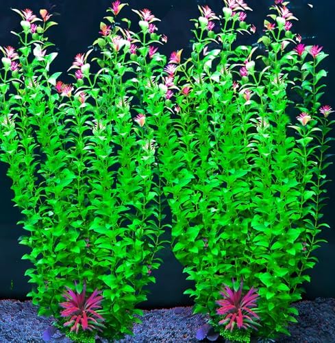 Bolyee tall plastic fish tank decoration with pink flowers close up view.