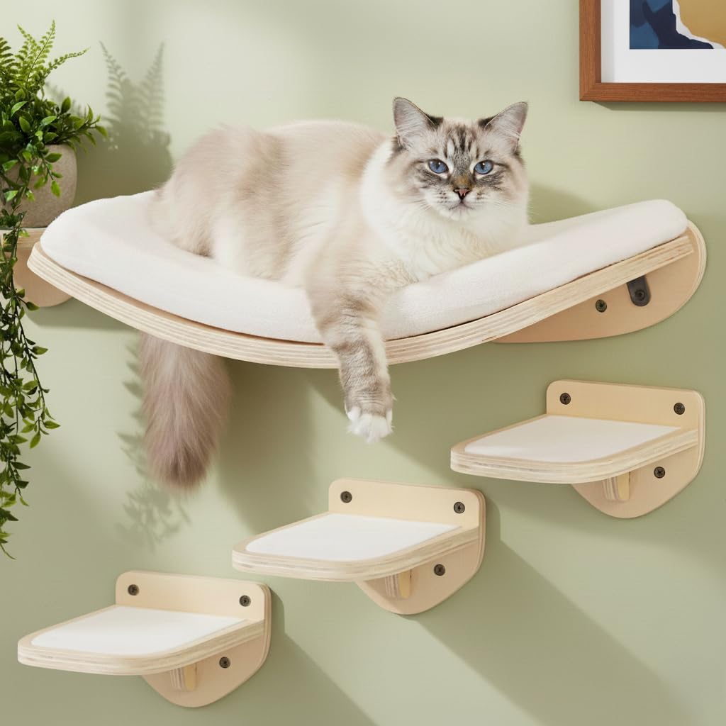 Cat Wall Shelves, Walnut Floating Cat Furniture with Bed & Steps - Image 9