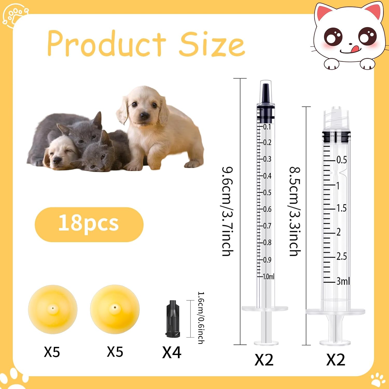 Kitten feeding syringe kit with replaceable mini and original pacifiers