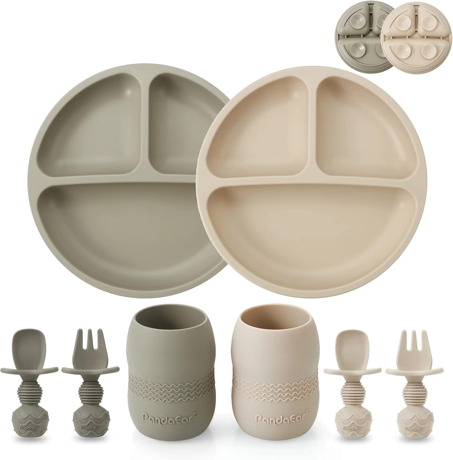 PandaEar Silicone Baby Feeding Set in Light Tan and Walnut