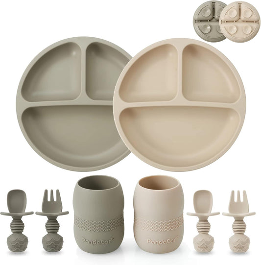 PandaEar Silicone Baby Feeding Set in Light Tan and Walnut