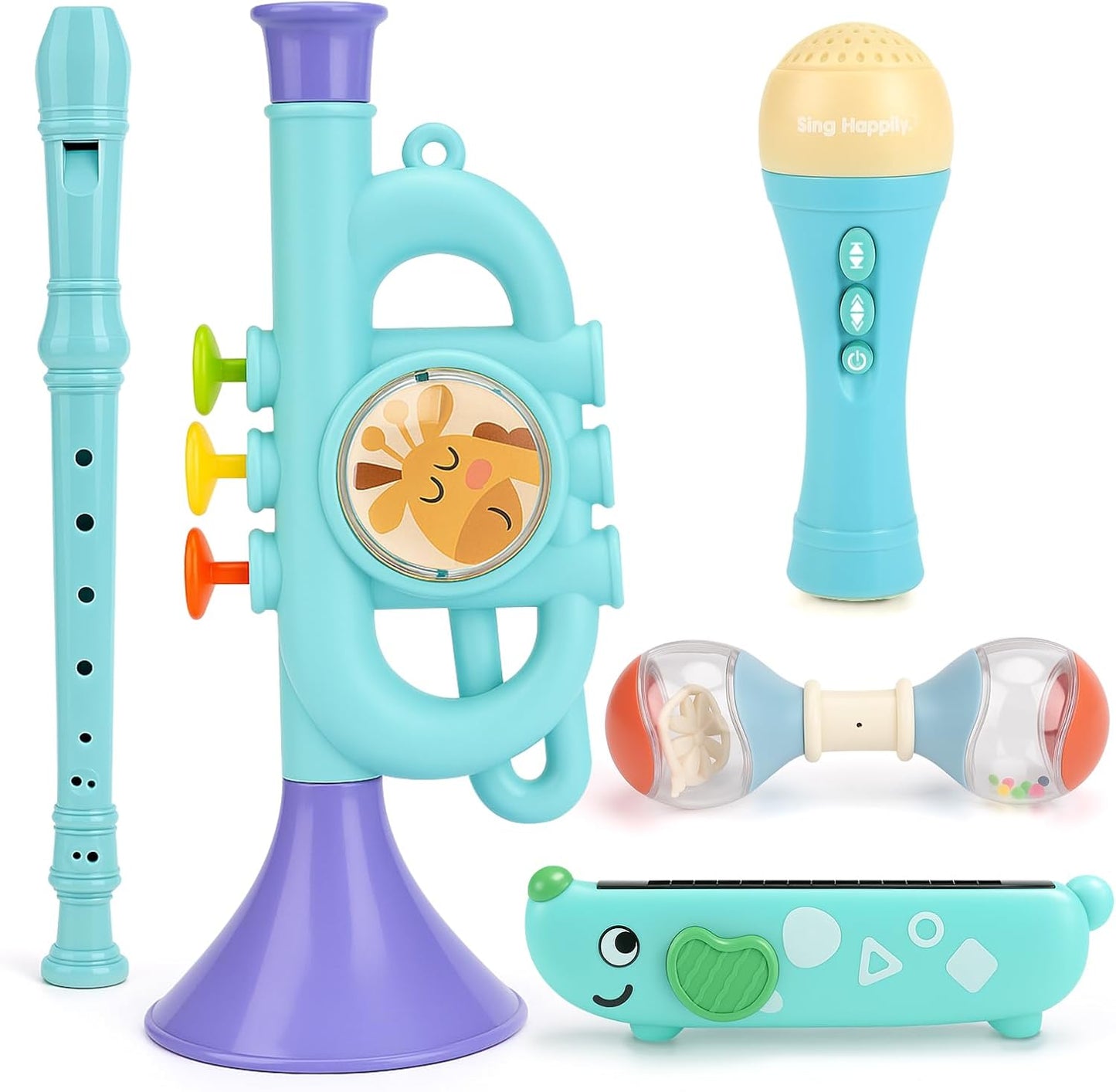 Vanplay 5 in 1 Montessori Musical Instruments Set front view featuring colorful toddler trumpet and microphone.