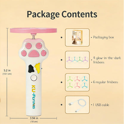 Handheld white paw shaped cat toy launcher showing one key start button interface