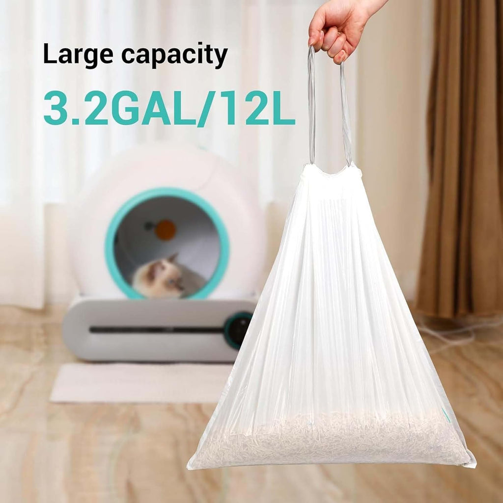 Roll of extra large white cat litter box waste liners showing drawstring pull