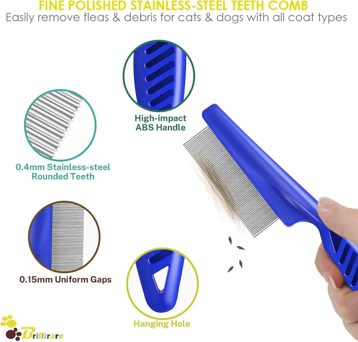 Close-up of the rounded stainless steel teeth on the premium Brillirare dog and cat grooming combs.