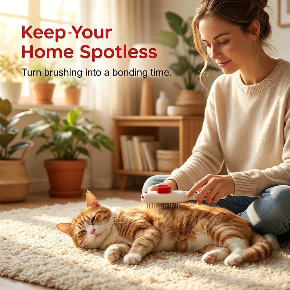 One click cleaning mechanism ejecting loose fur from the white slicker brush