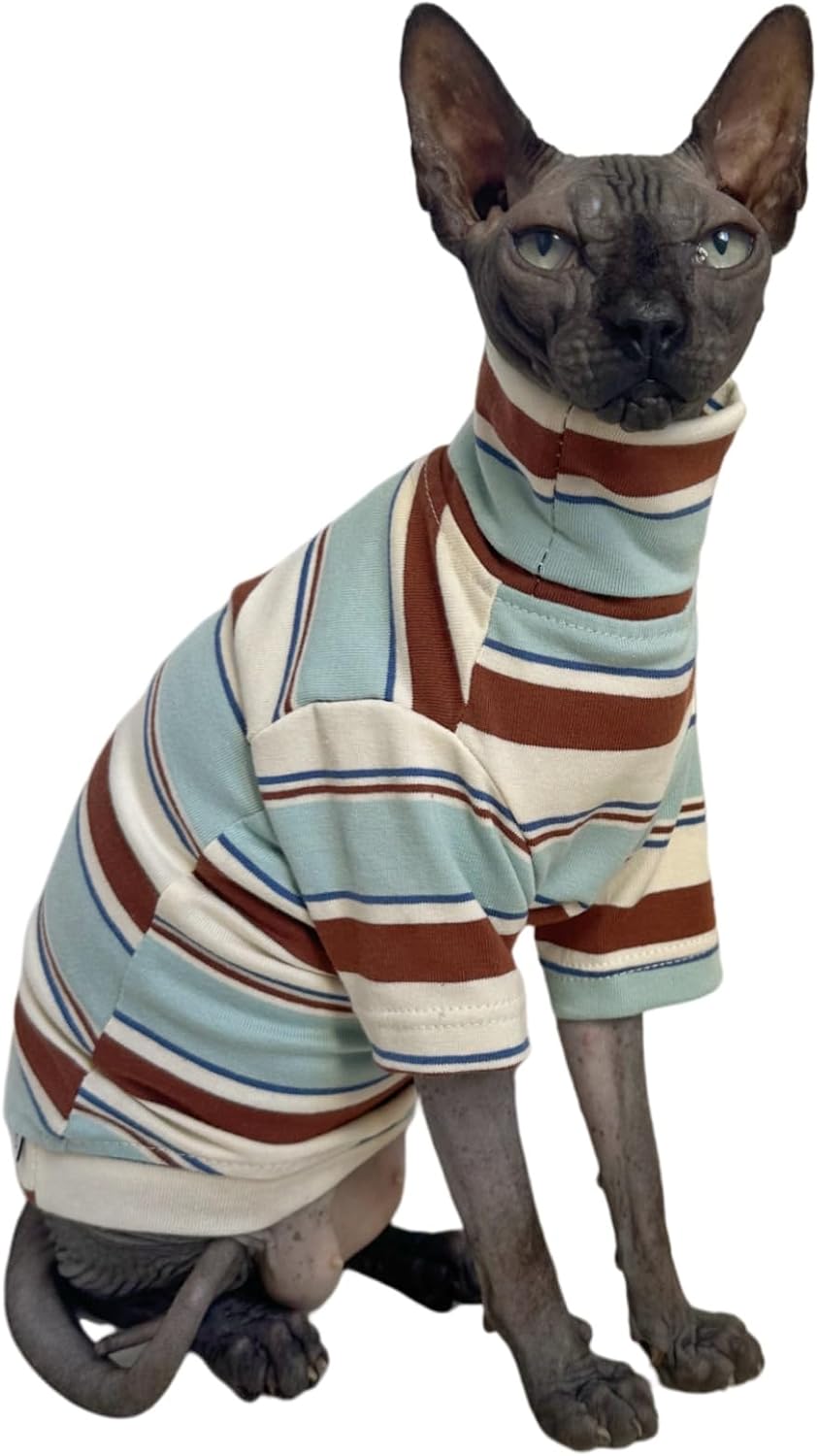 Vintage Stripes Sphynx Hairless Cats Shirt Cotton Cat Turtleneck Pet Clothes Kitten T-Shirts with Sleeves for Sphynx Cornish Rex, Devon Rex, Peterbald (Grey Stripe, X-Small (Pack of 1)) - Image 10