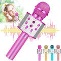 Ranphykx kids karaoke microphone front view in bright pink showing speaker controls and metallic grill.