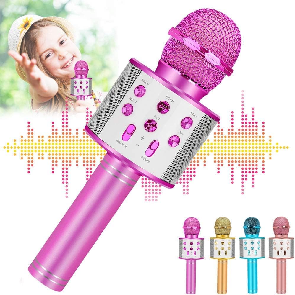 Ranphykx kids karaoke microphone front view in bright pink showing speaker controls and metallic grill.