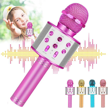 Ranphykx kids karaoke microphone front view in bright pink showing speaker controls and metallic grill.