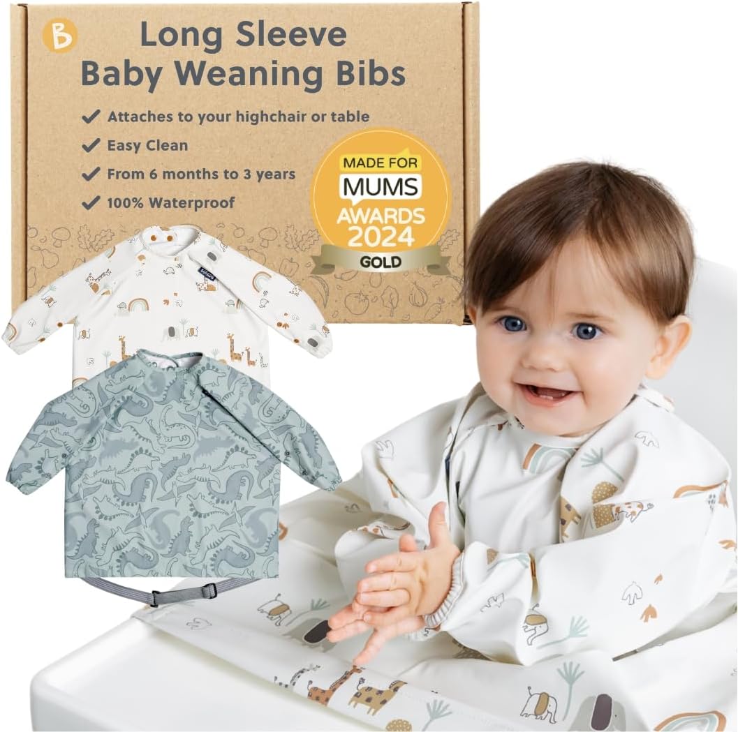 BIBaDO long sleeve baby coverall weaning bib front view showcasing full body coverage for infants