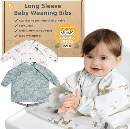 BIBaDO long sleeve baby coverall weaning bib front view showcasing full body coverage for infants