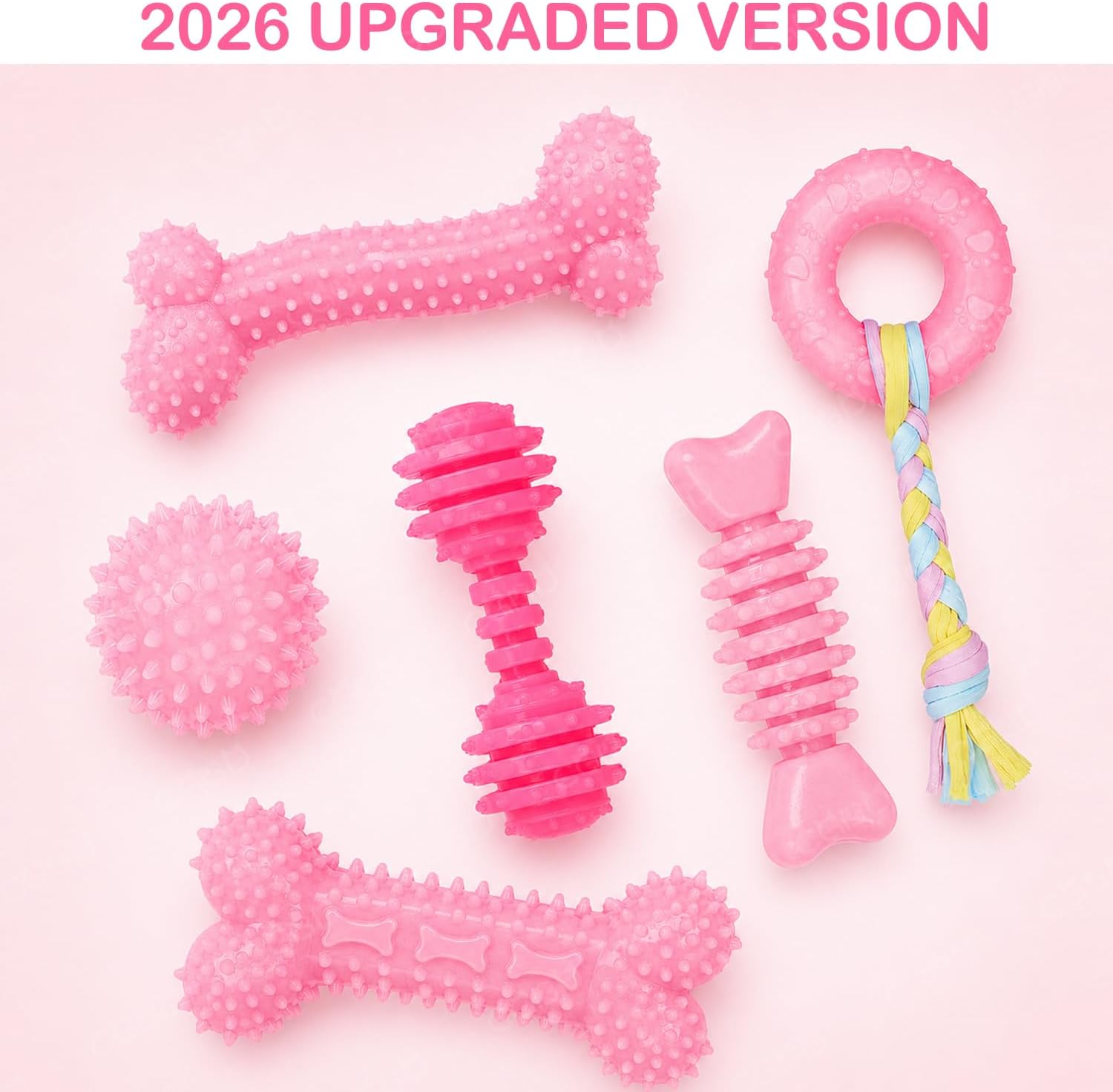 Close up of CGBD pink rubber teething toys for puppies
