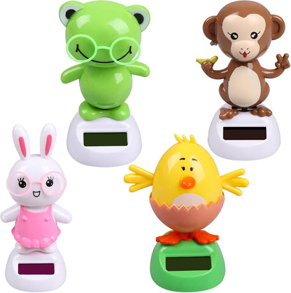 Welecom solar powered dancing animal toys front view showing the full four pack set on a dashboard.