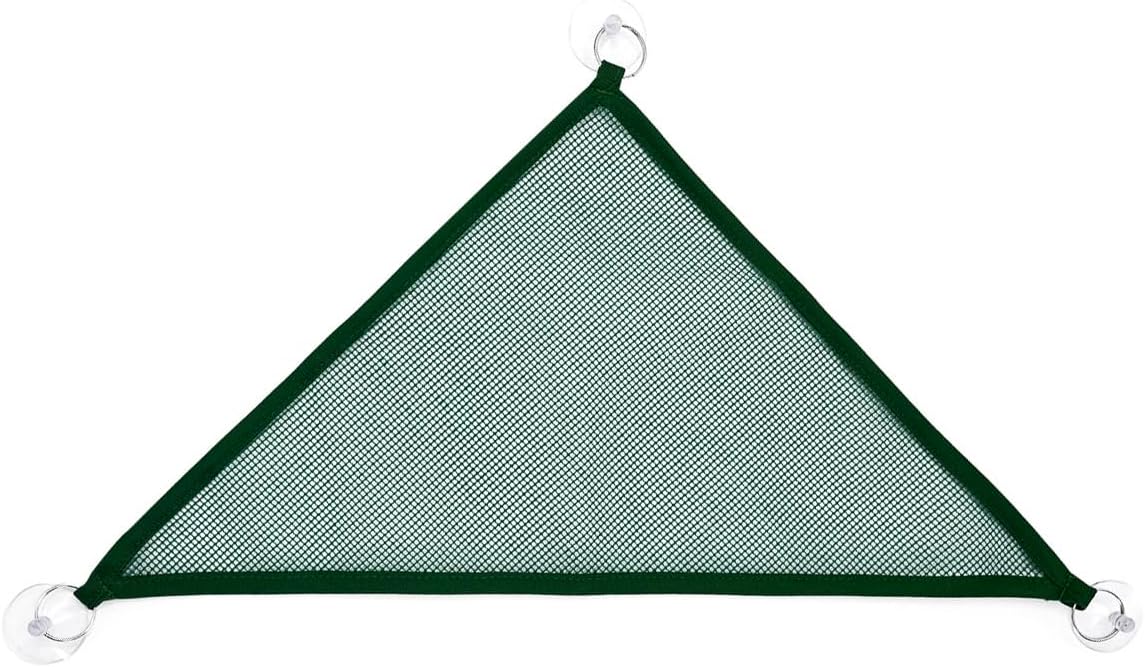 Bearded dragon resting comfortably on elevated green mesh hammock