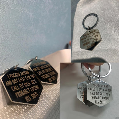 Generic funny dog tag back view highlighting the secure attachment split ring.