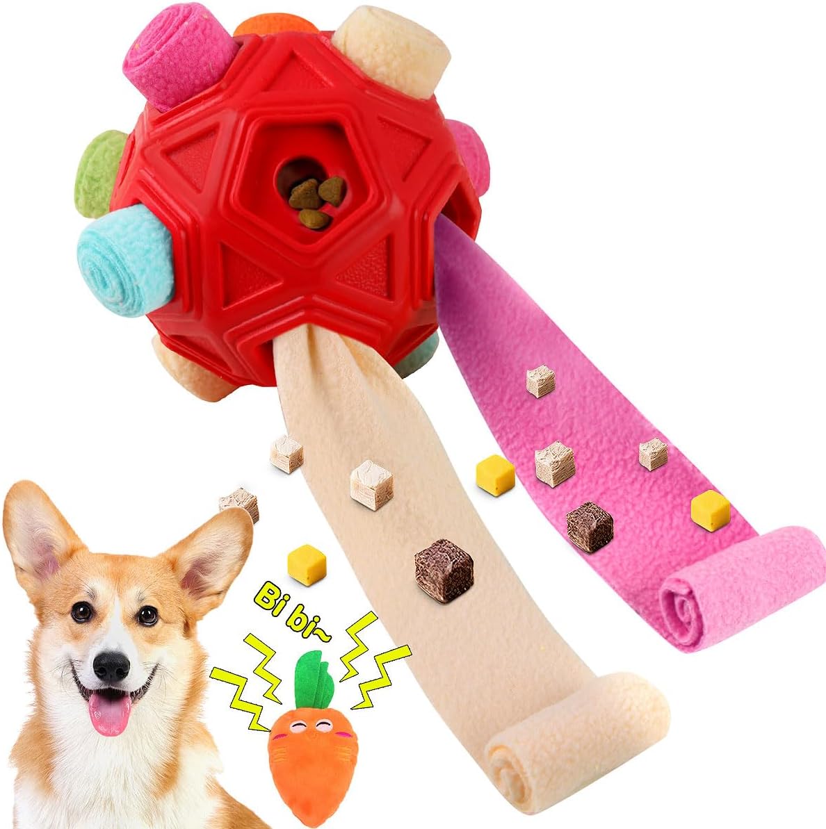 Dog Snuffle Ball-Interactive Puzzle Dog Toys Encourage Natural Foraging Skills Slow Feeder for Training and Stress Relief, Cloth Strip Hiding Food Dog Toys with Squeaky Carrot Toy for Any Size - Image 12