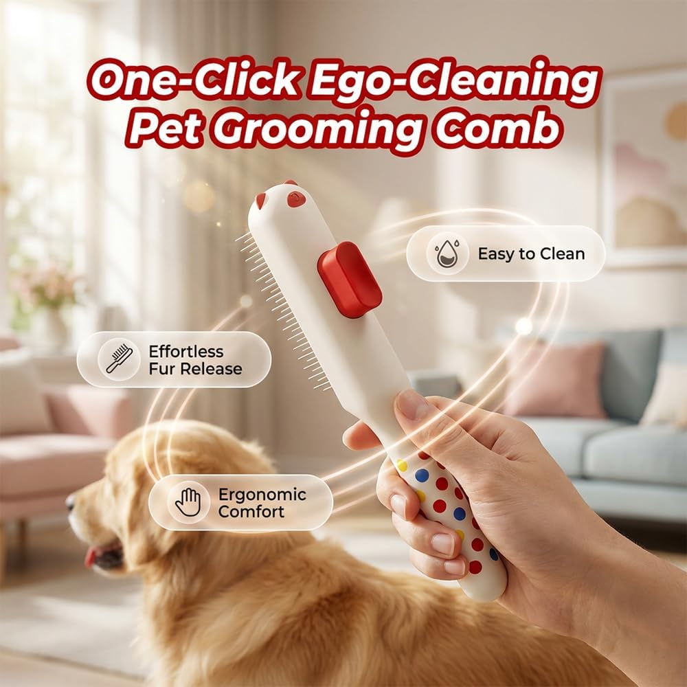 White 2 in 1 flea comb for cats showing retractable stainless steel bristles