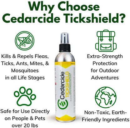 Four fluid ounce Cedarcide insect repellent bottles for family and pet use.
