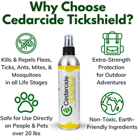 Four fluid ounce Cedarcide insect repellent bottles for family and pet use.