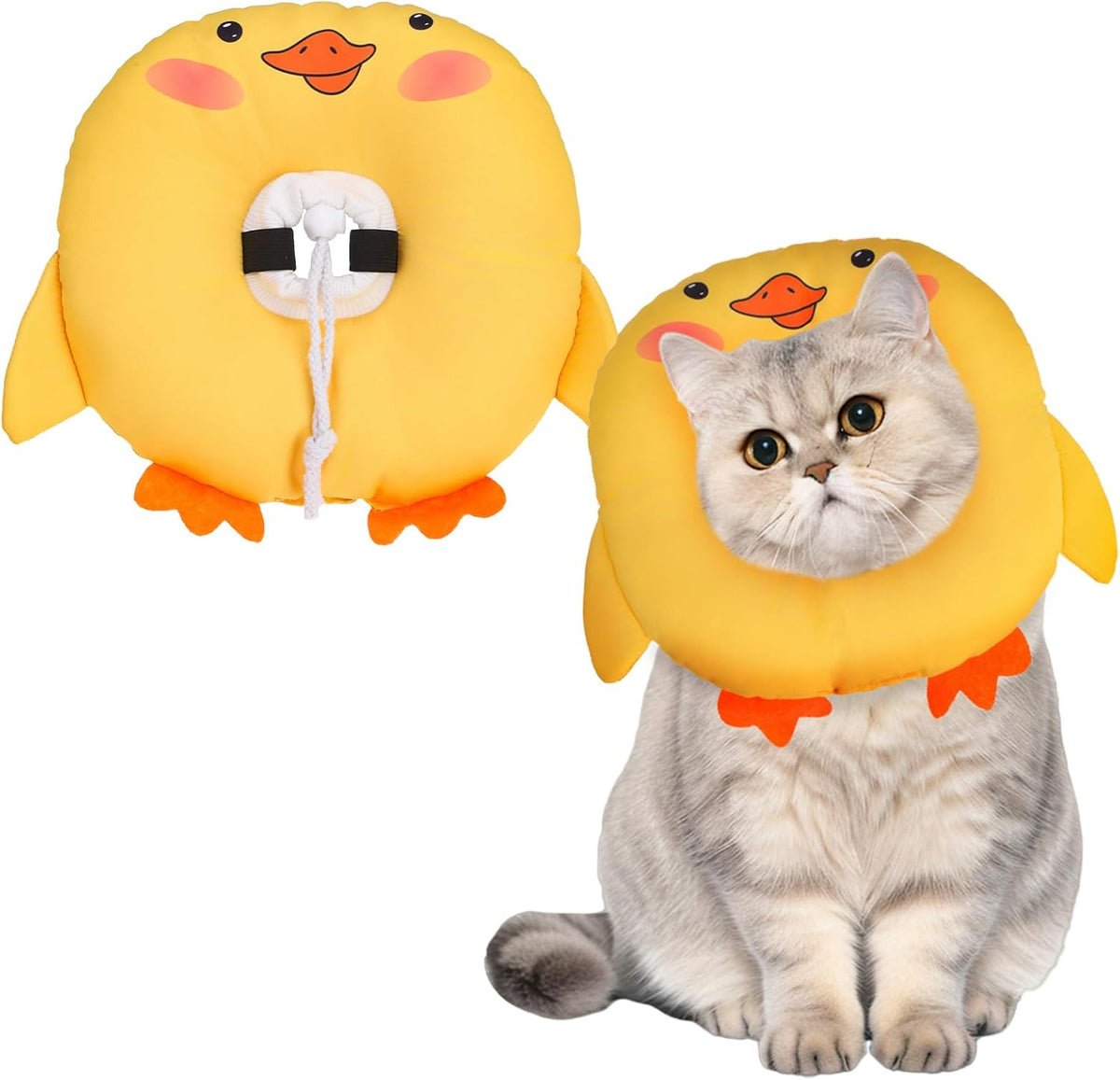 BINGPET Soft Cat Cone Collar front view featuring the cute yellow duck pattern on a kitten.