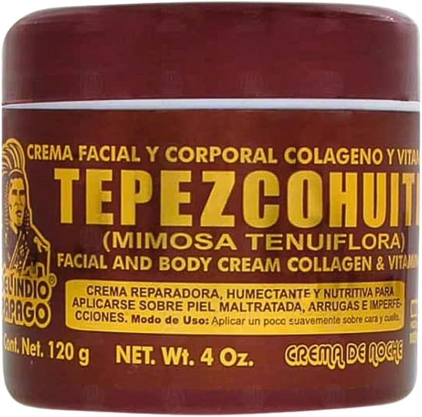 Del Indio Papago Tepezcohuite Night Cream front view of the jumbo four ounce jar showing the authentic Mexican botanical packaging.