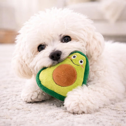 Dog playing with Jalousie squeaky plush toy bundle