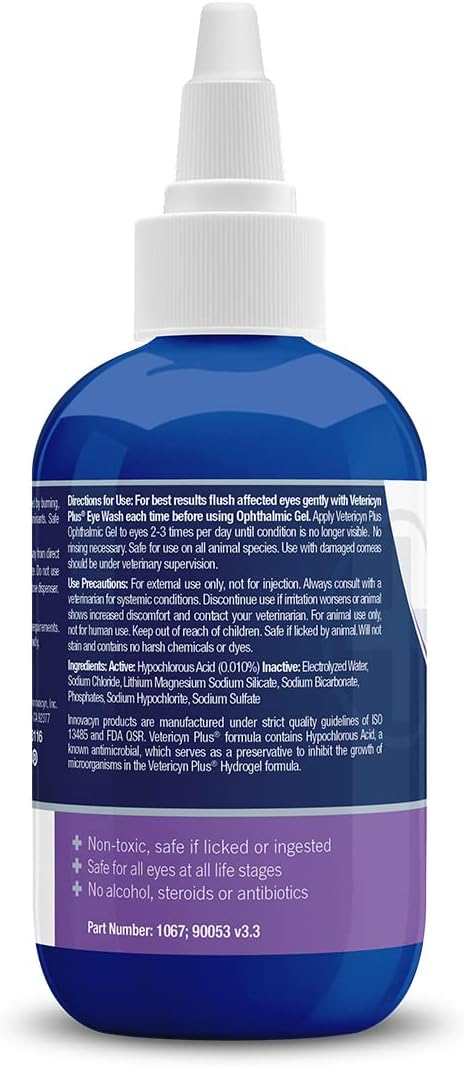 Back label of Vetericyn Plus Ophthalmic Gel displaying active hypochlorous acid ingredient information.