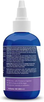 Back label of Vetericyn Plus Ophthalmic Gel displaying active hypochlorous acid ingredient information.