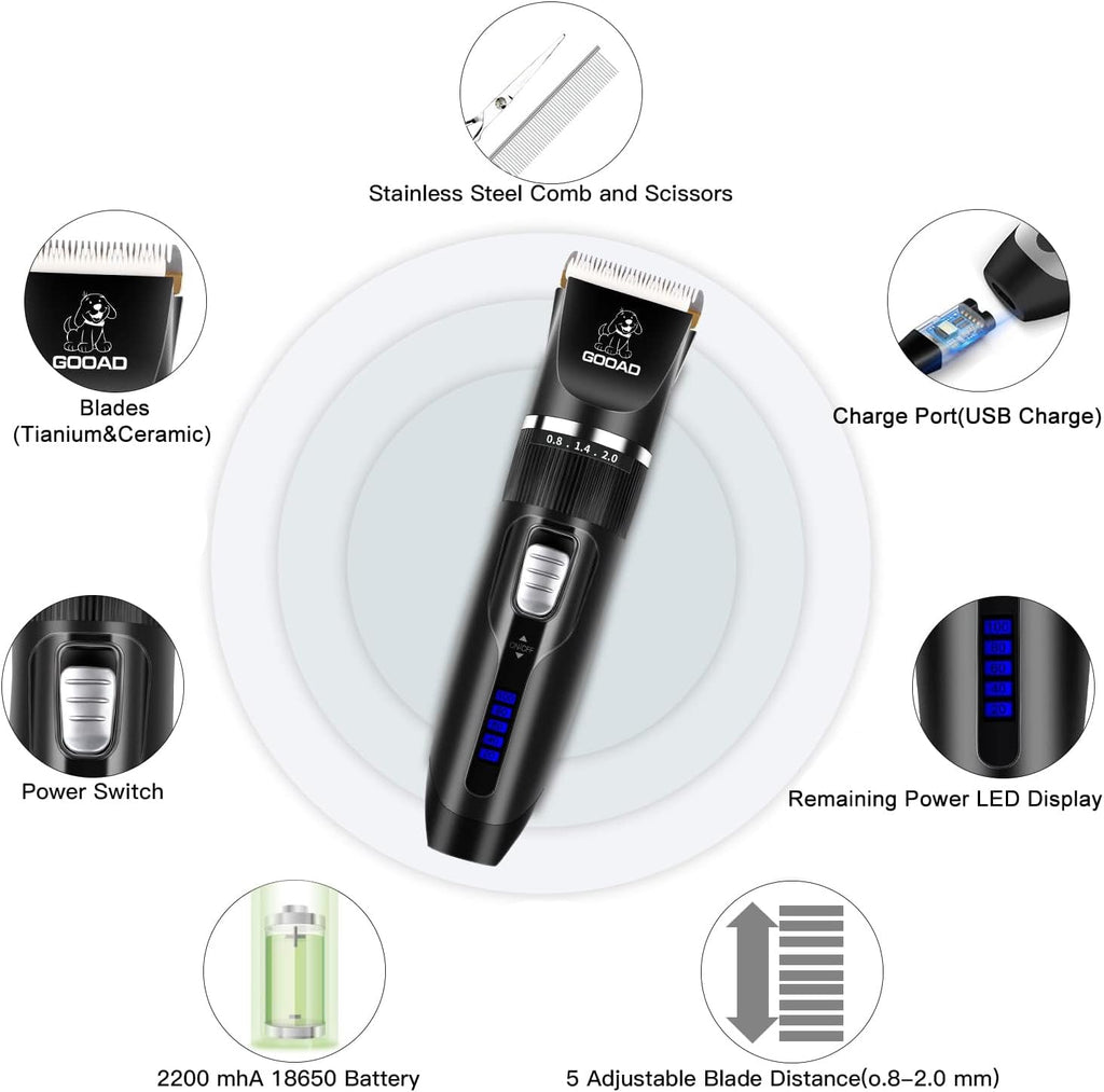 Cakapet pet hair clippers kit showing the adjustable blade dial and premium titanium ceramic head