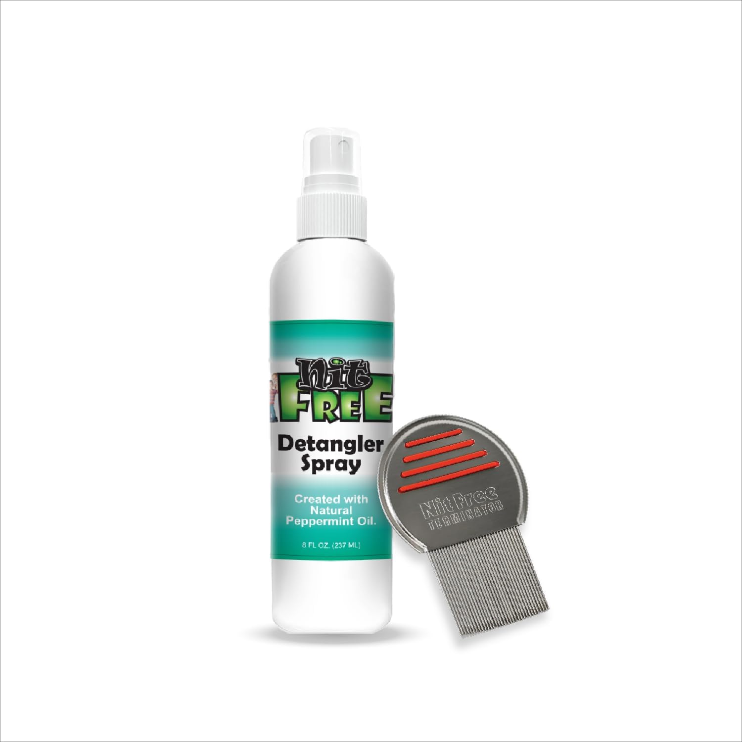 Nit Free Terminator Comb and Peppermint Detangler Spray 16 Ounce Combo front view for lice treatment.