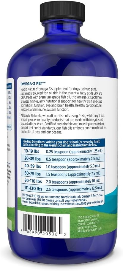 Close up of Nordic Naturals liquid omega-3 pet supplement showcasing dosage instructions for dogs.