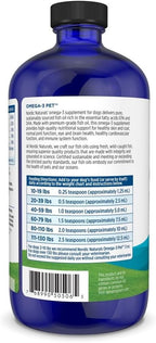 Close up of Nordic Naturals liquid omega-3 pet supplement showcasing dosage instructions for dogs.