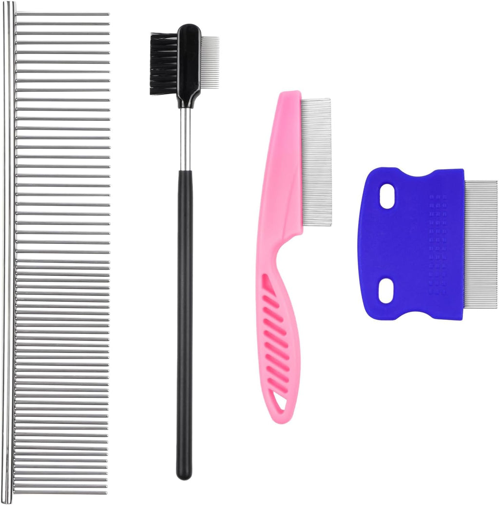 Agatige four pack flea comb for pets showing the front view of stainless steel grooming tools.