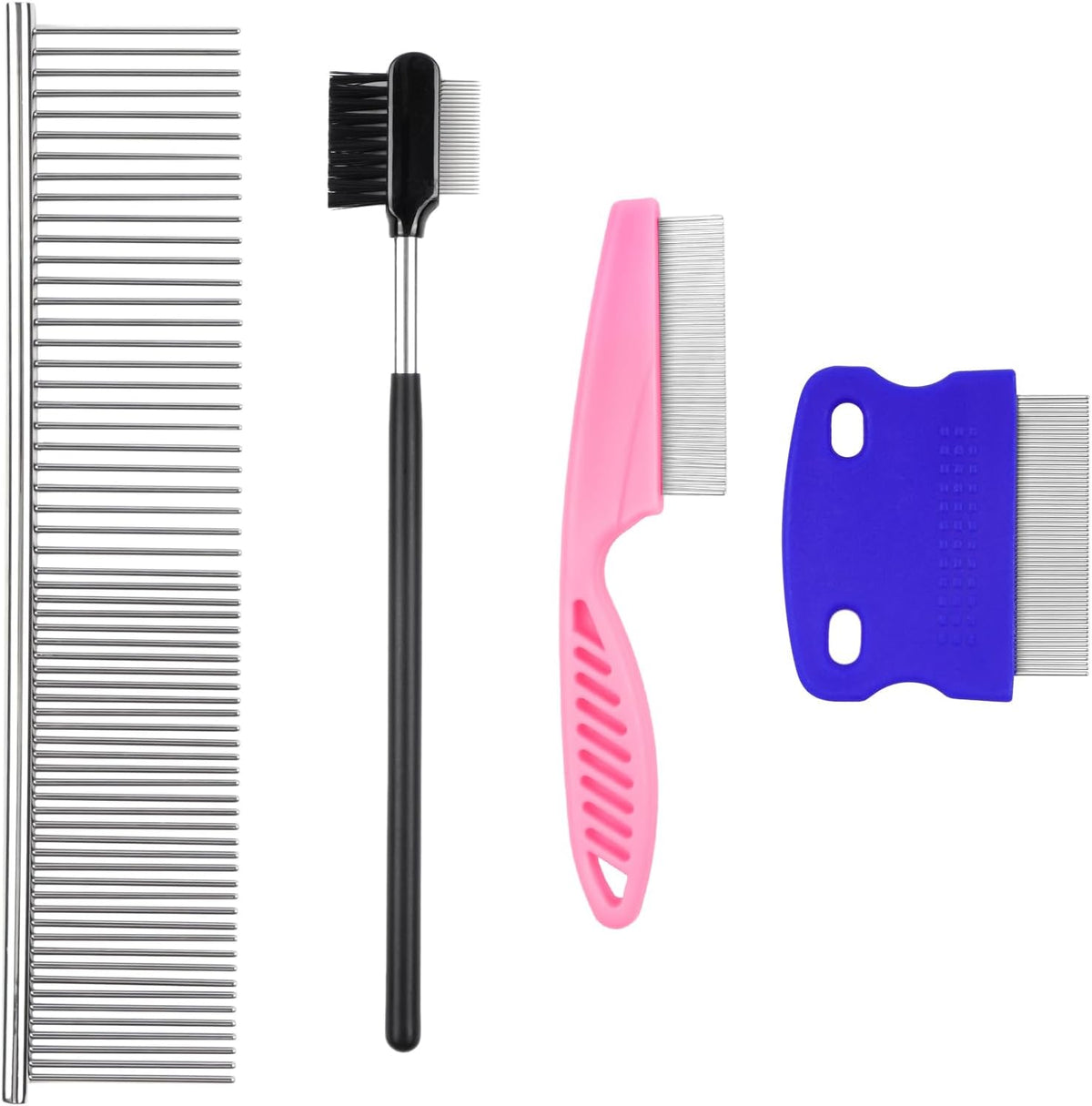 Agatige four pack flea comb for pets showing the front view of stainless steel grooming tools.