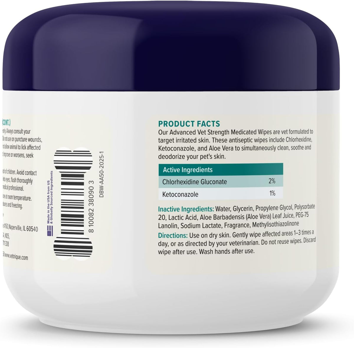 Vetnique Labs advanced vet strength chlorhexidine wipes close up of tub.