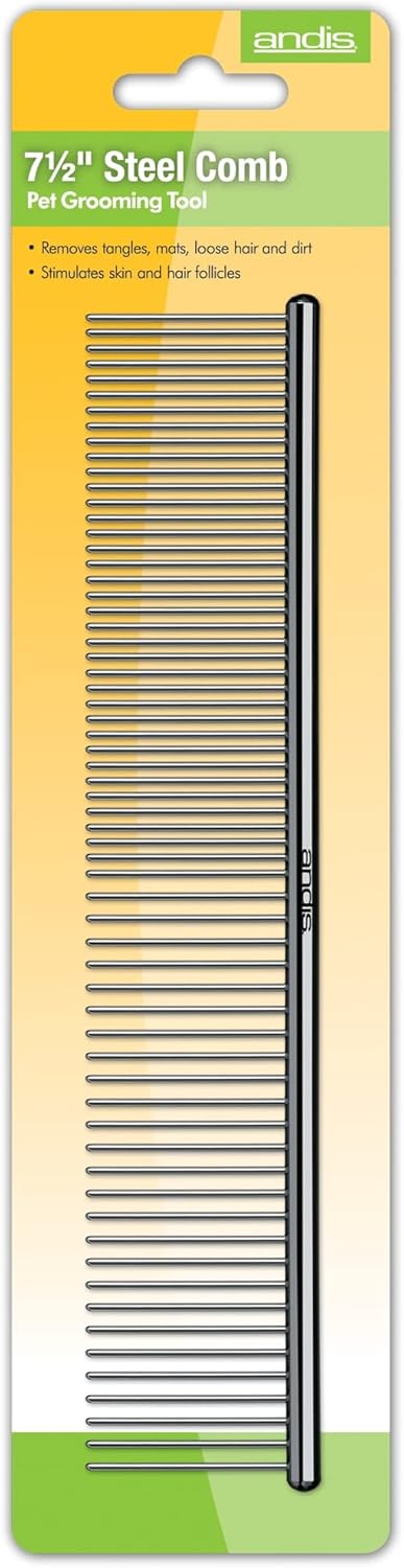 Andis 7.5 inch steel comb close up highlighting the rounded protective pin tips