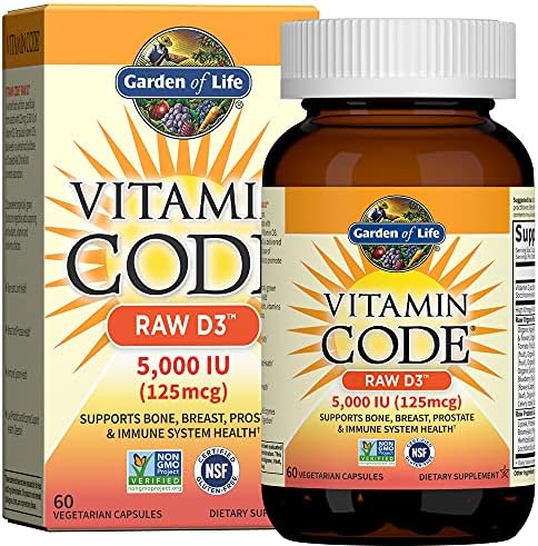Garden of Life Vitamin D3 5000 IU raw whole food supplement 60 vegetarian capsules bottle