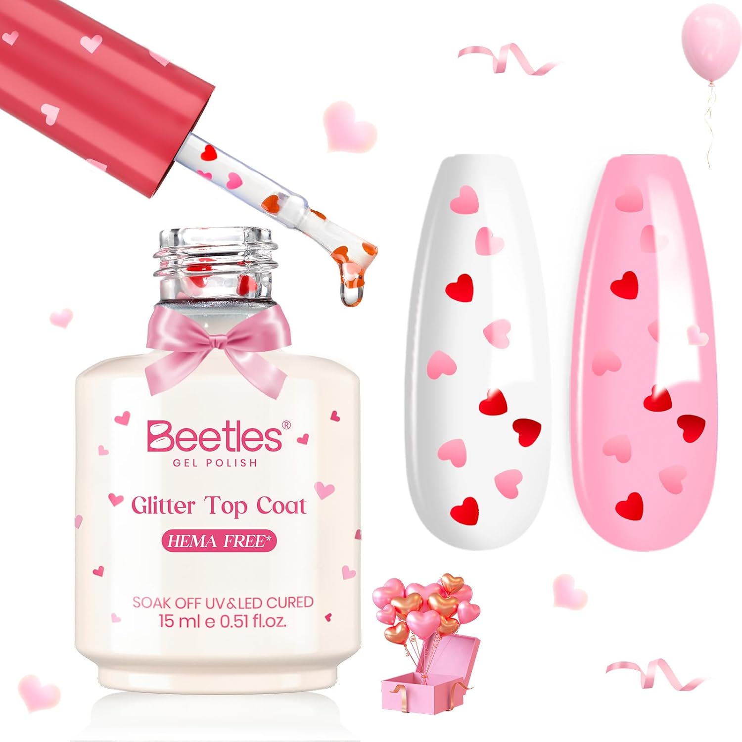 Beetles Valentine's Day Heart Gel Top Coat front view bottle