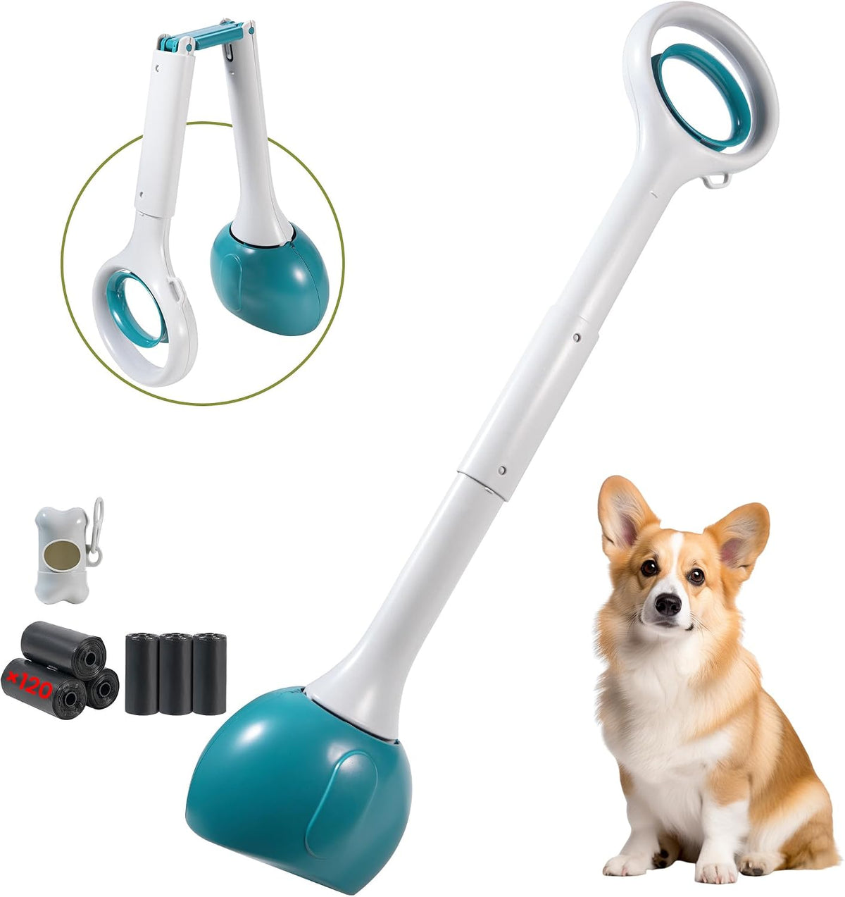 Dog Pooper Scooper Portable with Bag Attachment, One Handed Foldable Design, Includes 120 Waste Bags and Dispenser, 19 Inch Handle for Grass Yard Gravel Cleanup (Blue) - Image 13