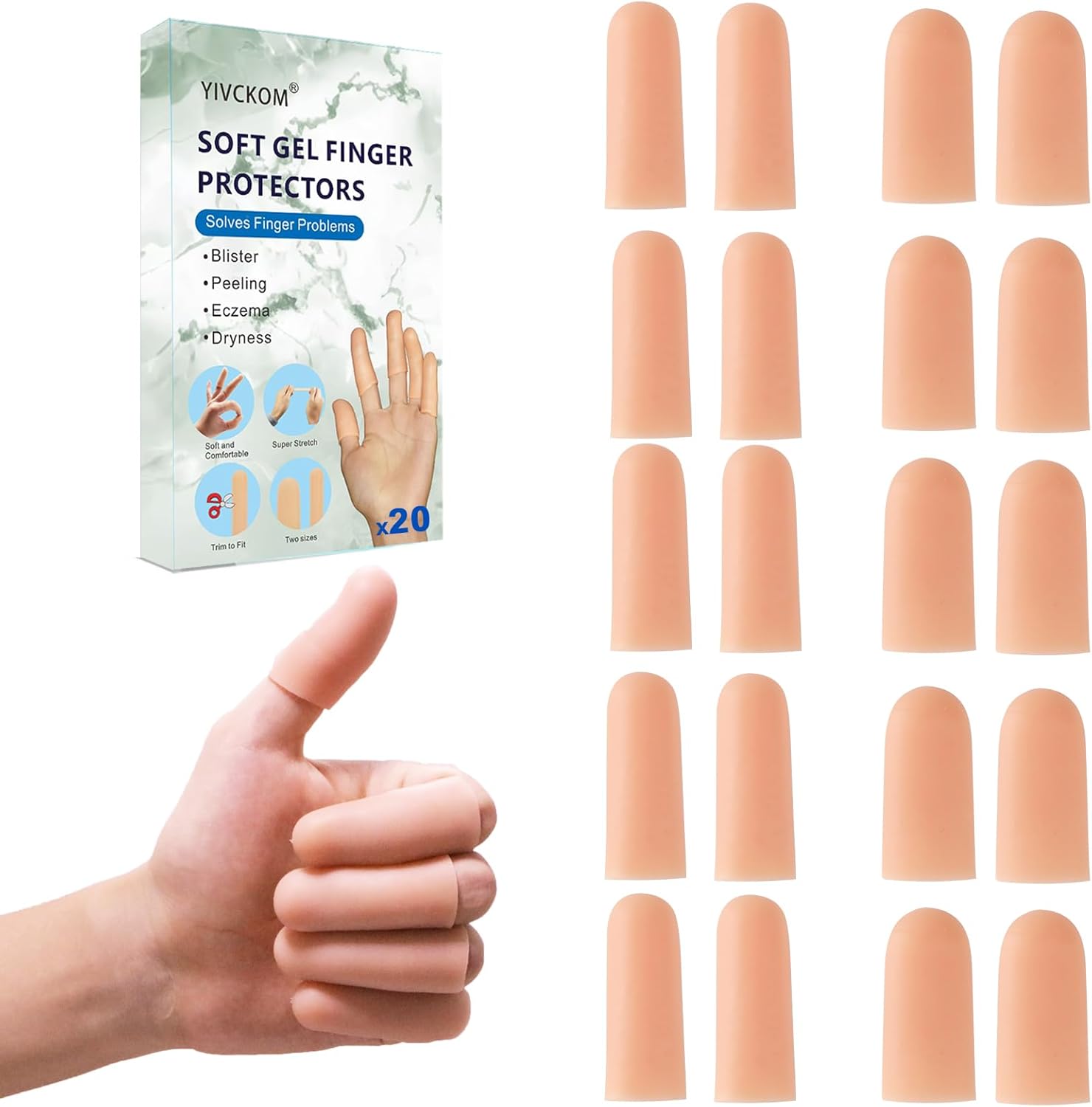 YIVCKOM gel finger cots front view of 20 piece packaging