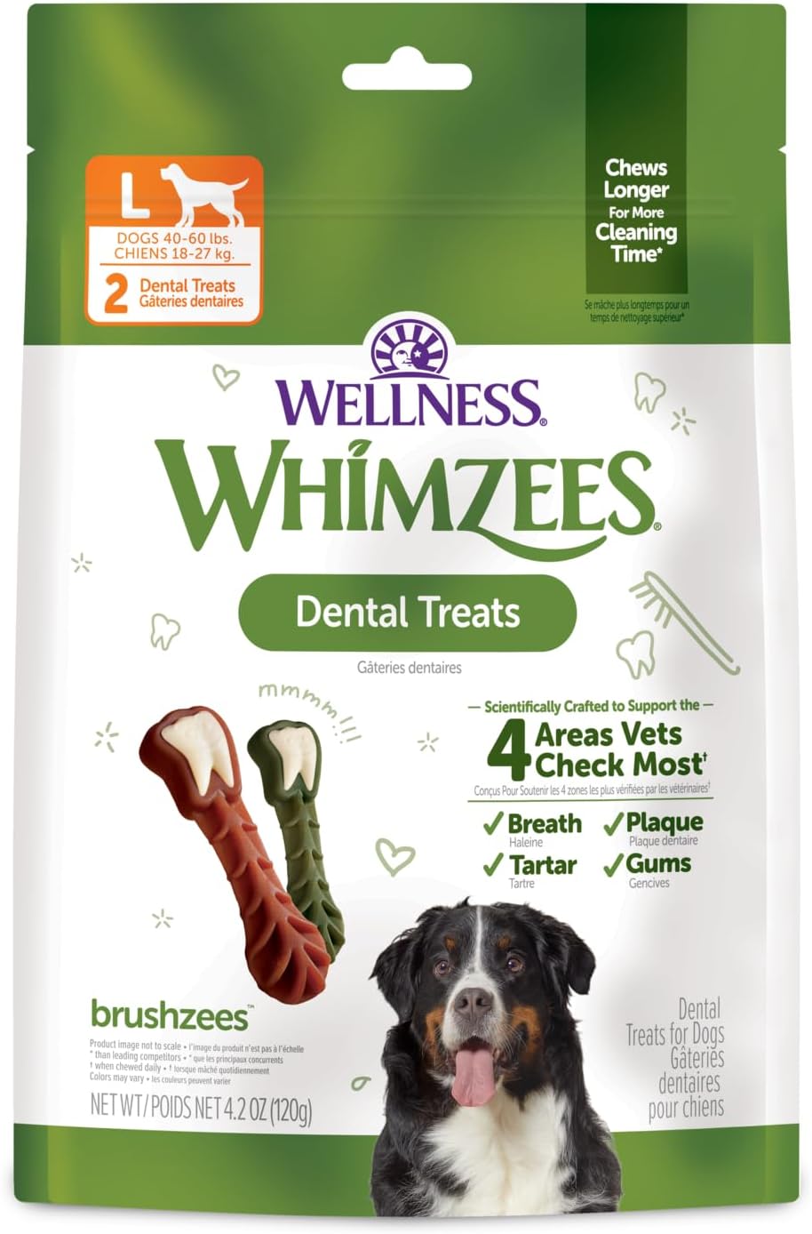 Wellness WHIMZEES Brushzees Natural Dog Dental Treat, VOHC Accepted Chews, Freshens Breath, Extra-Small Size, 4.2 oz Bag, 16 Count - Image 12