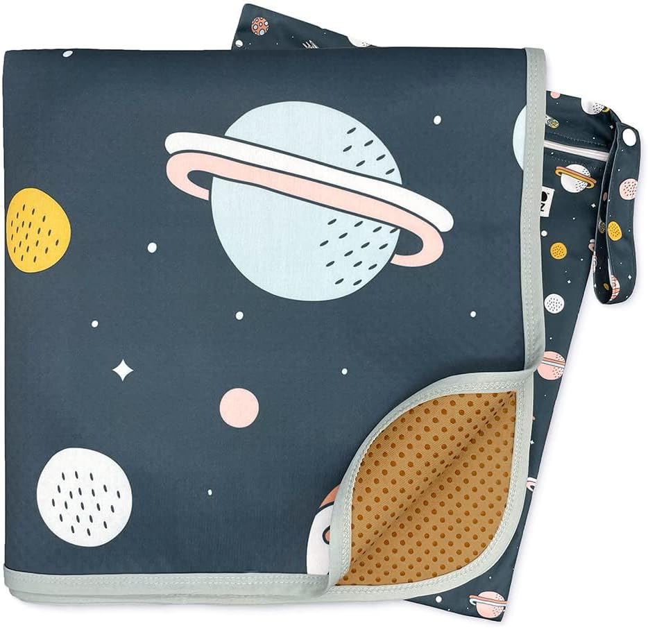 WildCubz baby splat mat front view showcasing the navy blue space cadet design under a high chair.