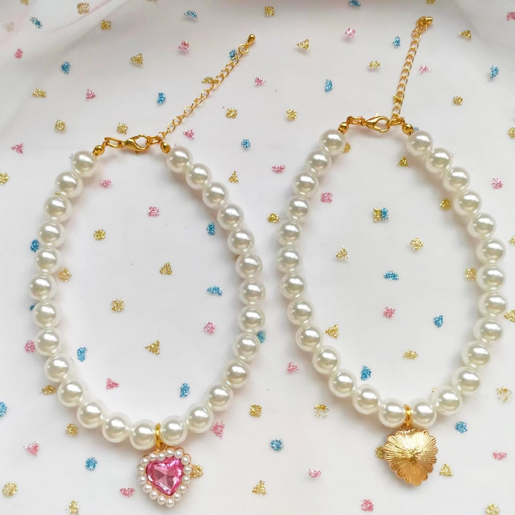 Side view of elegant pearl dog necklace for small pets