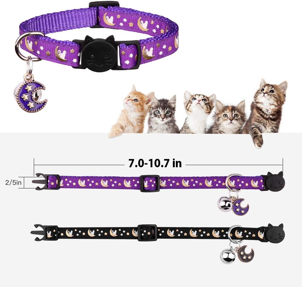 2Pcs Breakaway Cats Collars Cat Collars for Boy & Girl Cats Moons Adjustable Kitten Collars with Bell & Pendant Glow in The Dark,Purple+Black - Image 3