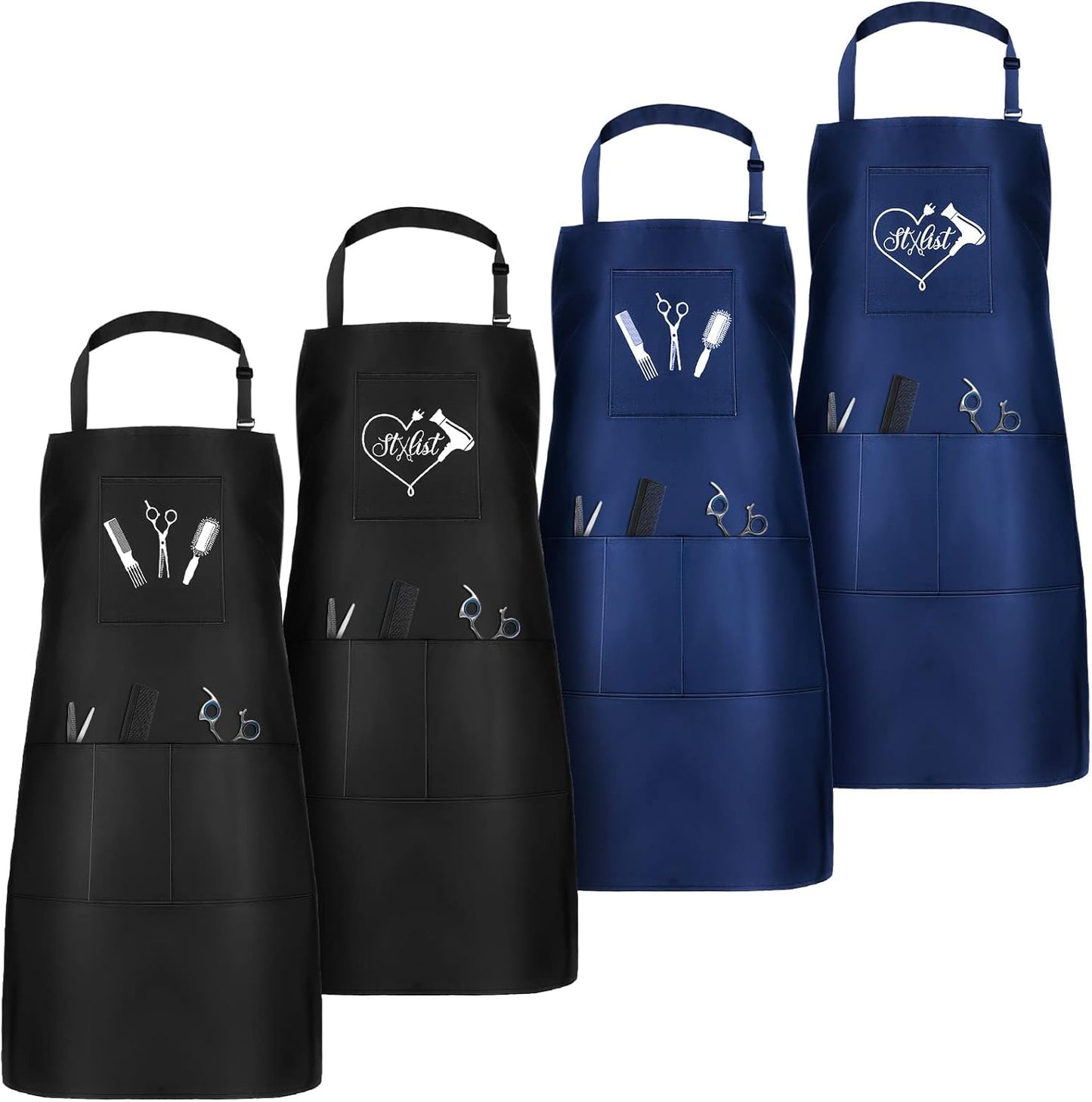 Janmercy hair stylist apron four piece set front view showing black and dark blue colors.