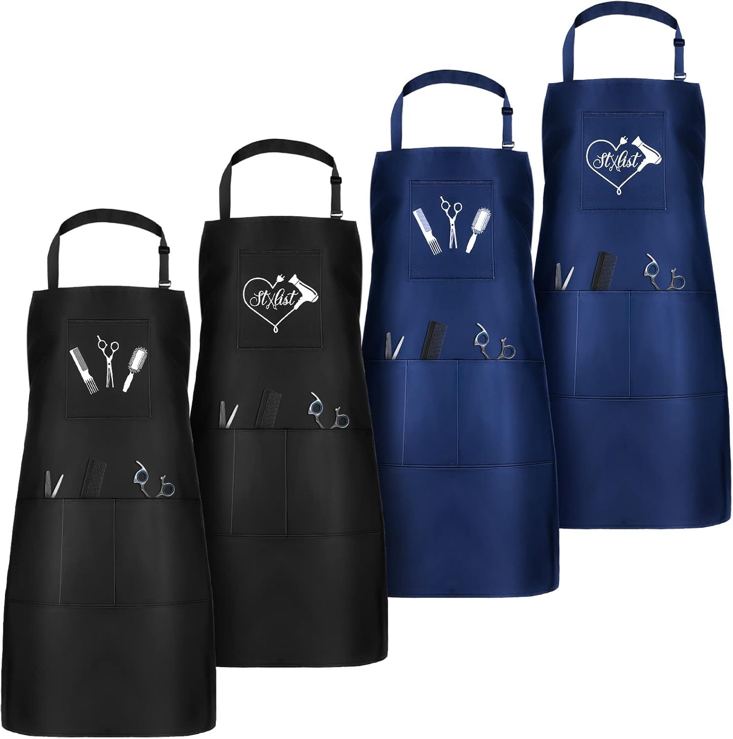 Janmercy hair stylist apron four piece set front view showing black and dark blue colors.