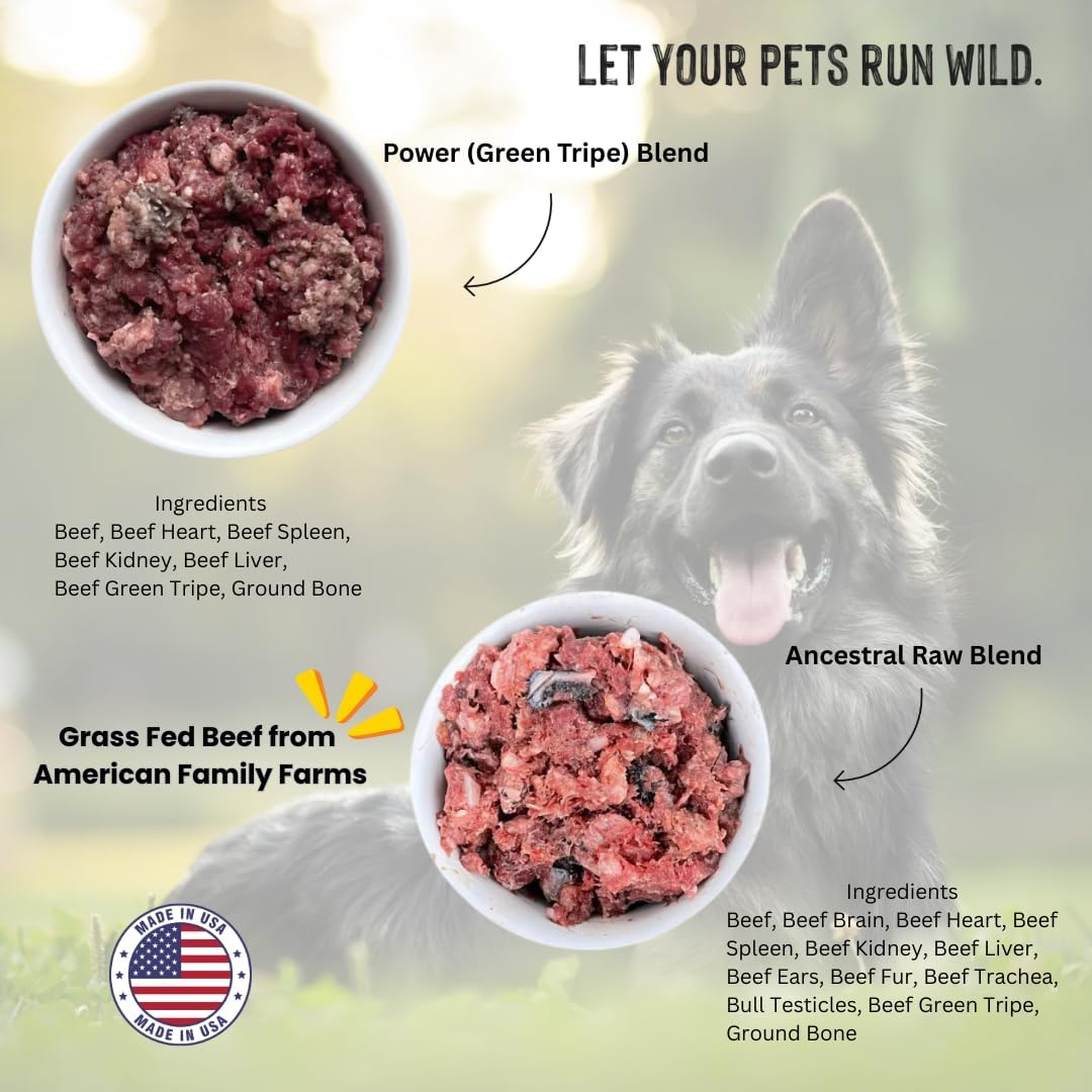 Raw pet food meat blend inside Ancestral Raw Nutrition packaging