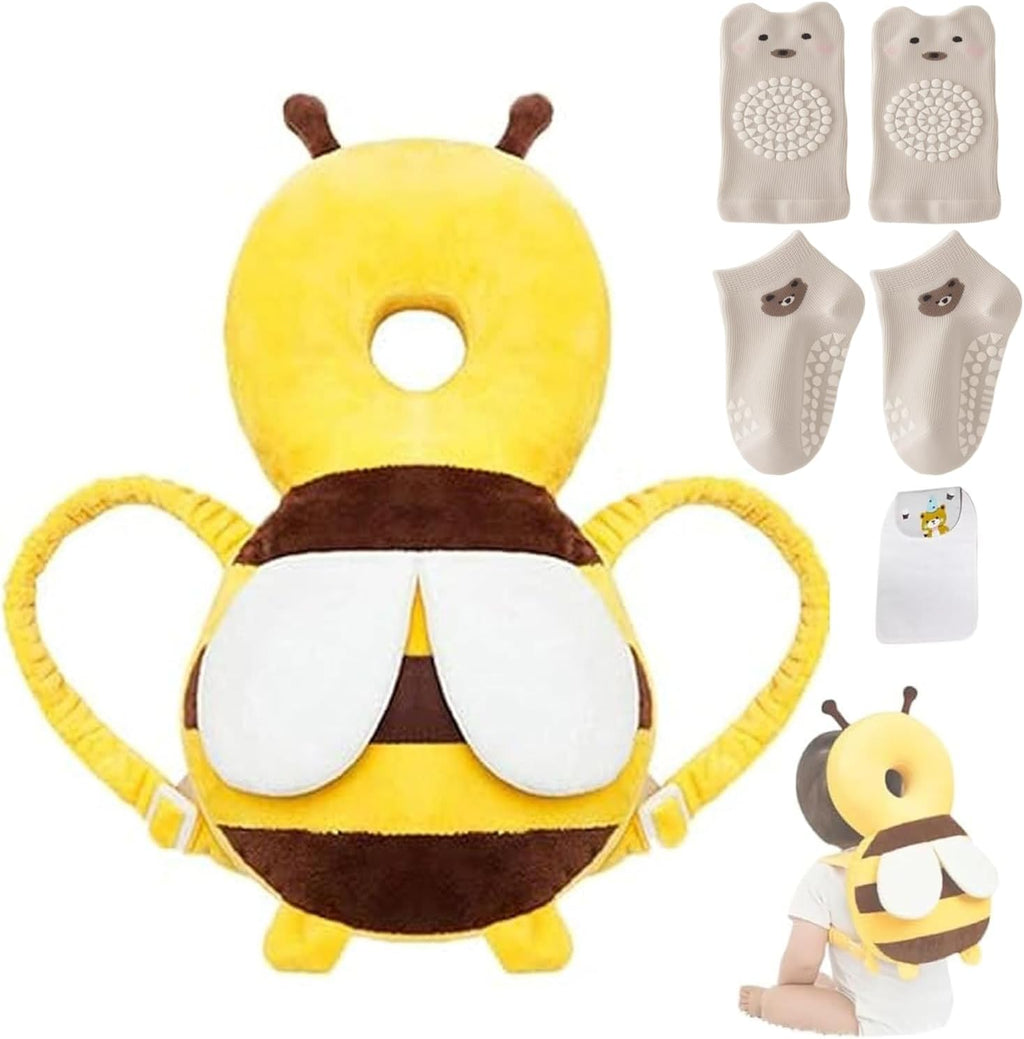 Minochi baby head protector backpack yellow bee front view